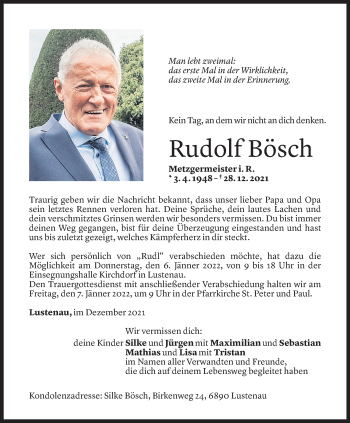 Todesanzeige von Rudolf Bösch von Vorarlberger Nachrichten