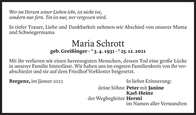  Todesanzeige für Maria Schrott vom 05.01.2022 aus Vorarlberger Nachrichten