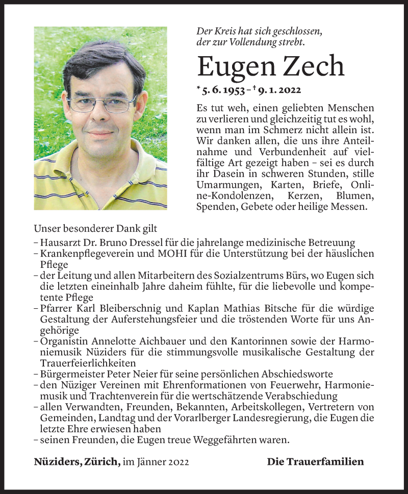  Todesanzeige für Eugen Zech vom 22.01.2022 aus Vorarlberger Nachrichten