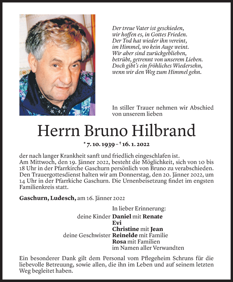  Todesanzeige für Bruno Hilbrand vom 17.01.2022 aus Vorarlberger Nachrichten