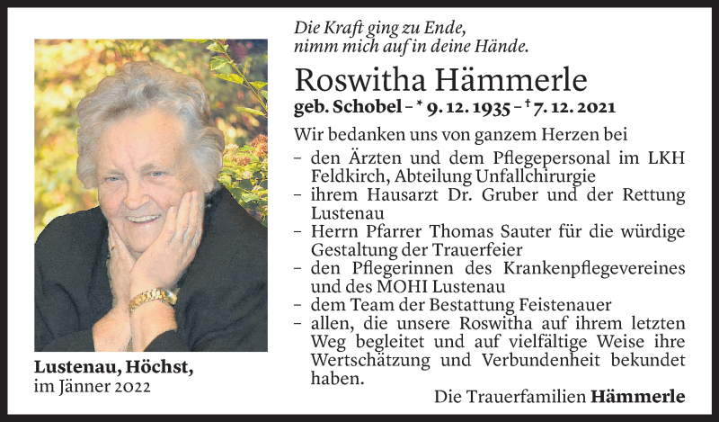  Todesanzeige für Roswitha Hämmerle vom 05.01.2022 aus Vorarlberger Nachrichten