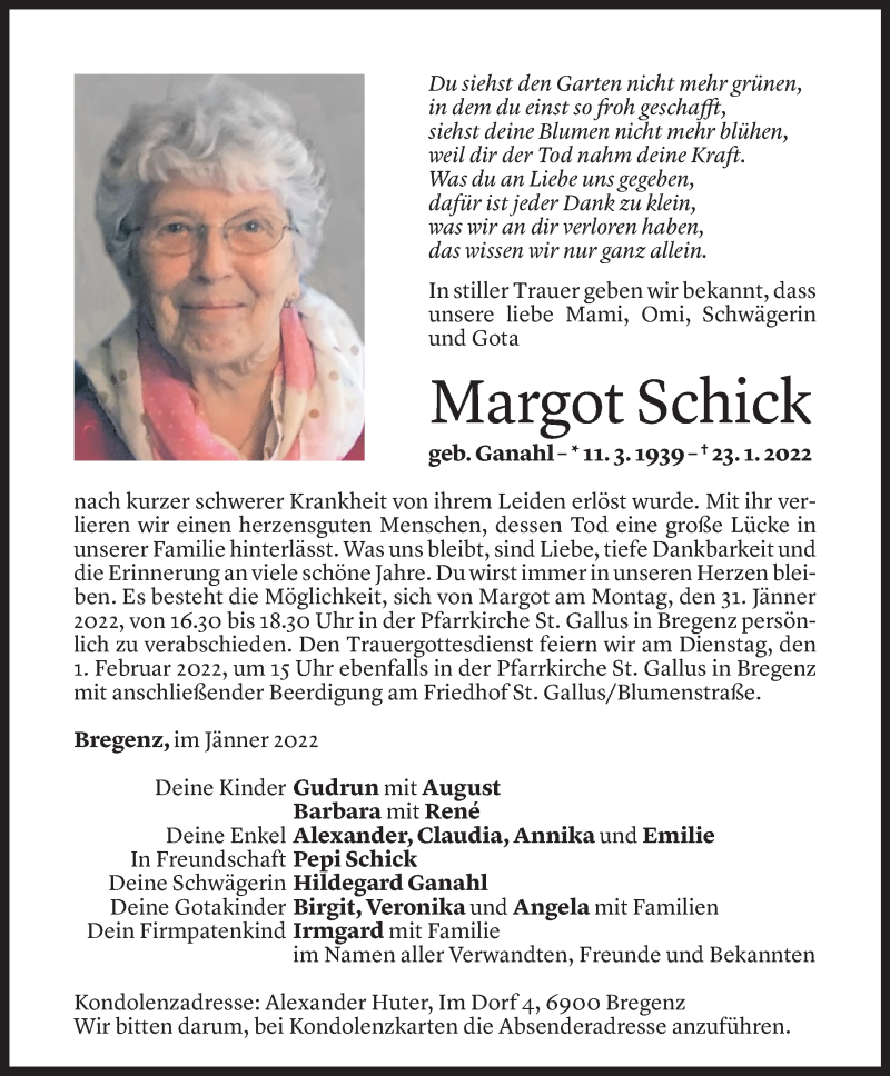  Todesanzeige für Margot Schick vom 28.01.2022 aus Vorarlberger Nachrichten
