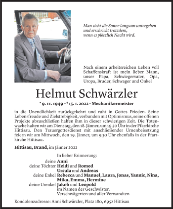 Todesanzeige von Helmut Schwärzler von Vorarlberger Nachrichten