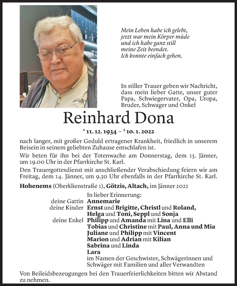  Todesanzeige für Reinhard Dona vom 12.01.2022 aus Vorarlberger Nachrichten