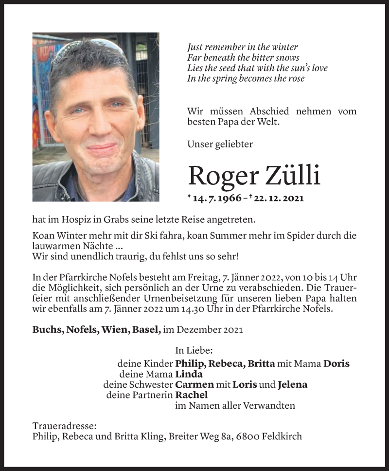  Todesanzeige für Roger Zülli vom 04.01.2022 aus Vorarlberger Nachrichten
