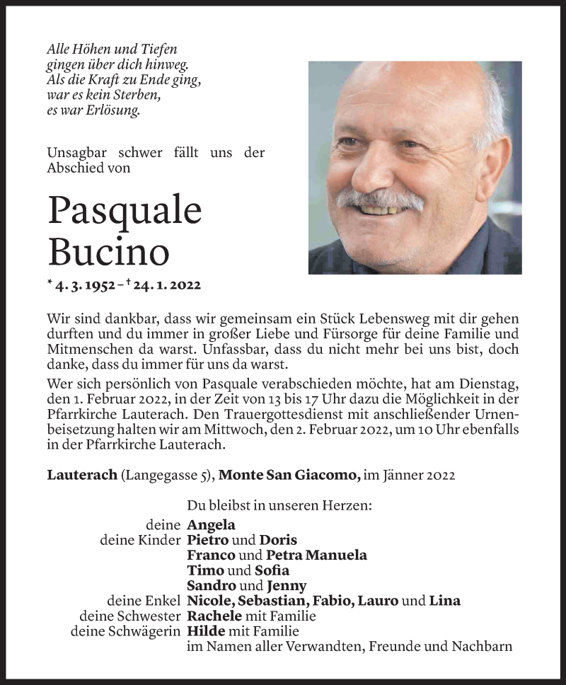  Todesanzeige für Pasquale Bucino vom 28.01.2022 aus Vorarlberger Nachrichten