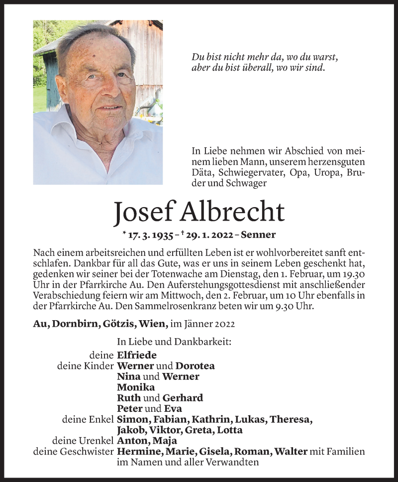  Todesanzeige für Josef Albrecht vom 30.01.2022 aus Vorarlberger Nachrichten