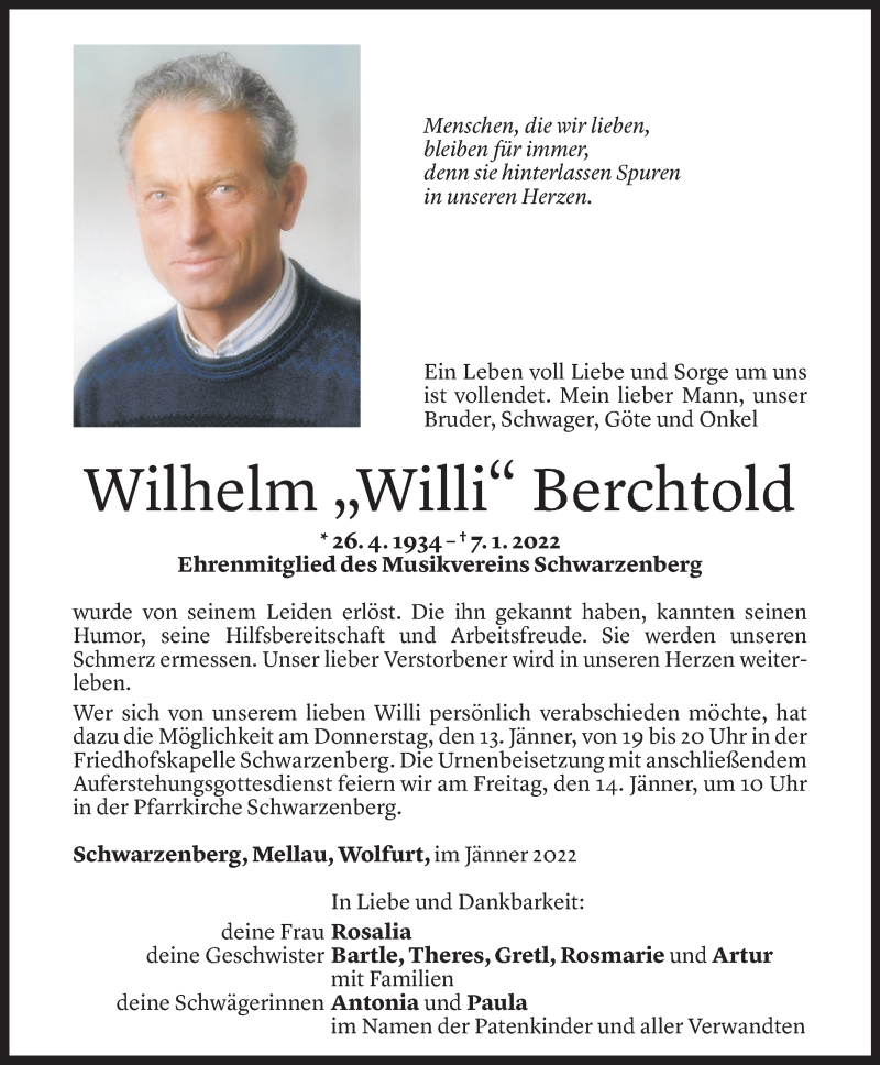  Todesanzeige für Wilhelm Berchtold vom 11.01.2022 aus Vorarlberger Nachrichten