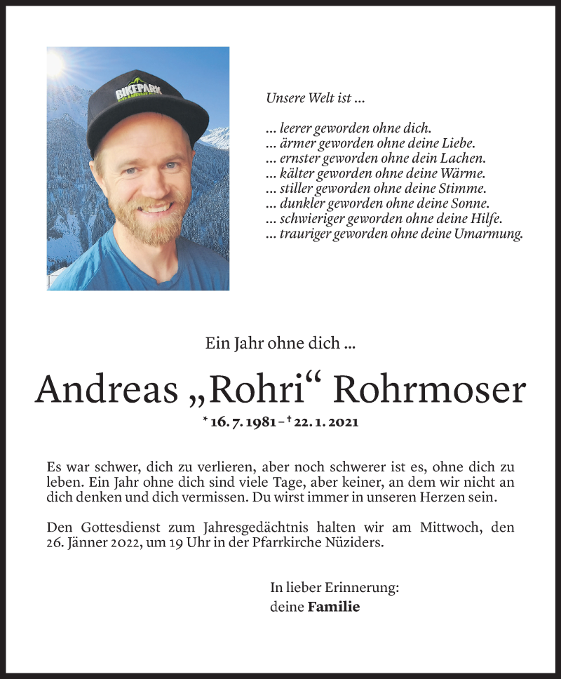  Todesanzeige für Andreas Rohrmoser vom 22.01.2021 aus Vorarlberger Nachrichten