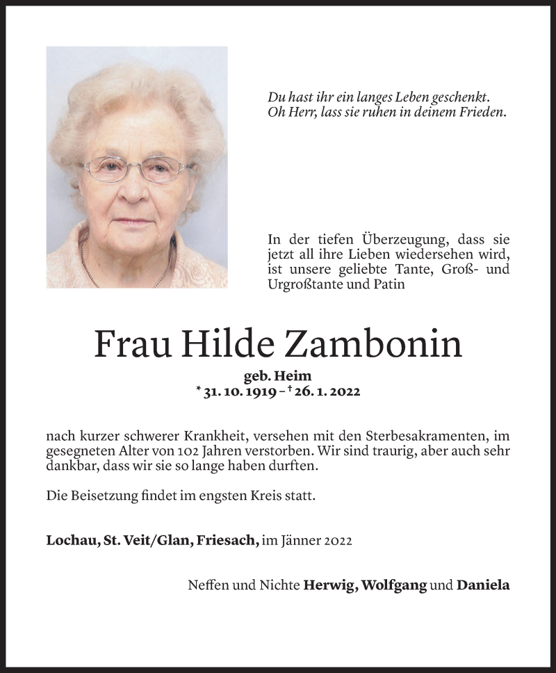  Todesanzeige für Hilde Zambonin vom 28.01.2022 aus Vorarlberger Nachrichten