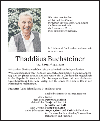 Todesanzeige von Thaddäus Buchsteiner von Vorarlberger Nachrichten