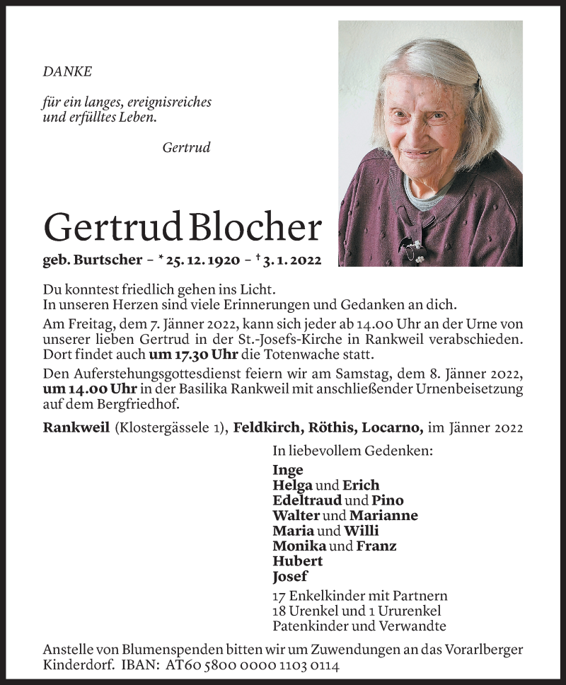  Todesanzeige für Gertrud Blocher vom 05.01.2022 aus Vorarlberger Nachrichten