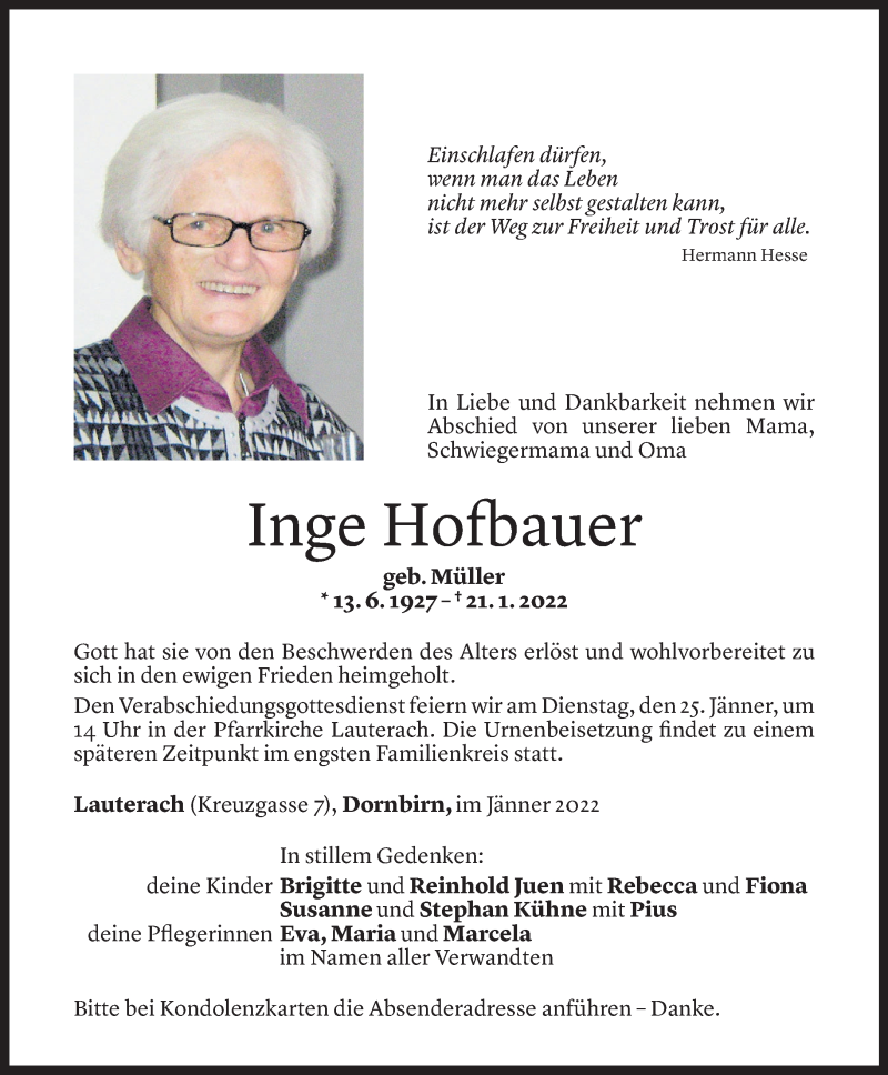  Todesanzeige für Inge Hofbauer vom 22.01.2022 aus Vorarlberger Nachrichten