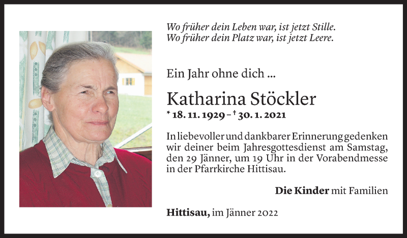  Todesanzeige für Katharina Stöckler vom 27.01.2022 aus Vorarlberger Nachrichten