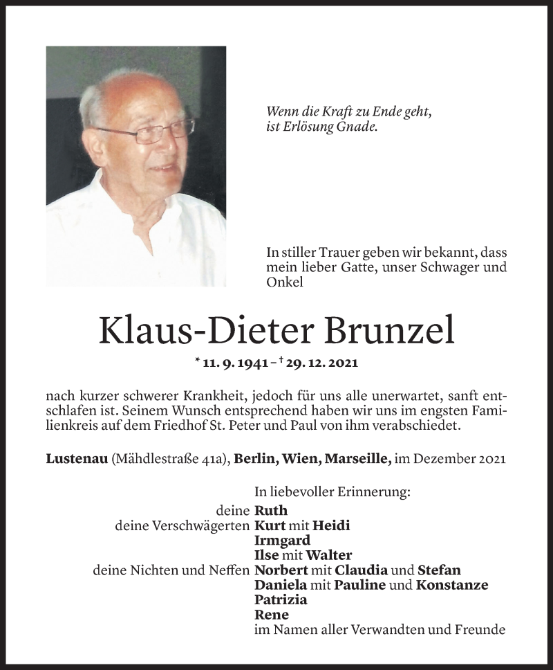  Todesanzeige für Klaus-Dieter Brunzel vom 06.01.2022 aus Vorarlberger Nachrichten