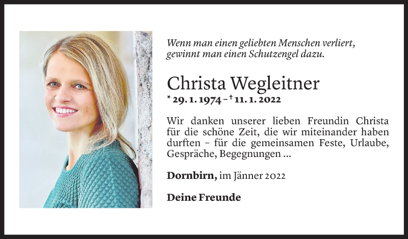  Todesanzeige für Christa Wegleitner vom 13.01.2022 aus Vorarlberger Nachrichten