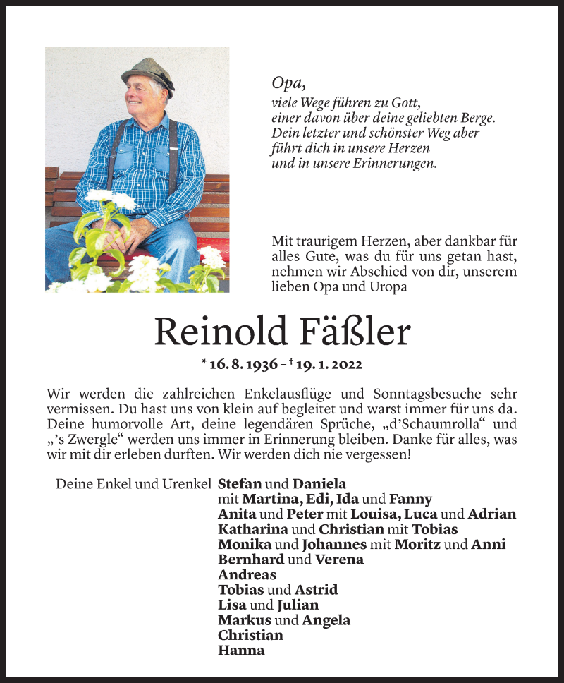  Todesanzeige für Reinold Fäßler vom 25.01.2022 aus Vorarlberger Nachrichten