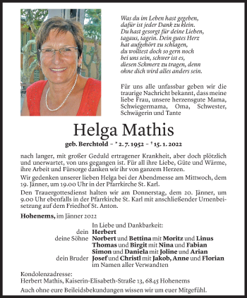Todesanzeige von Helga Mathis von Vorarlberger Nachrichten