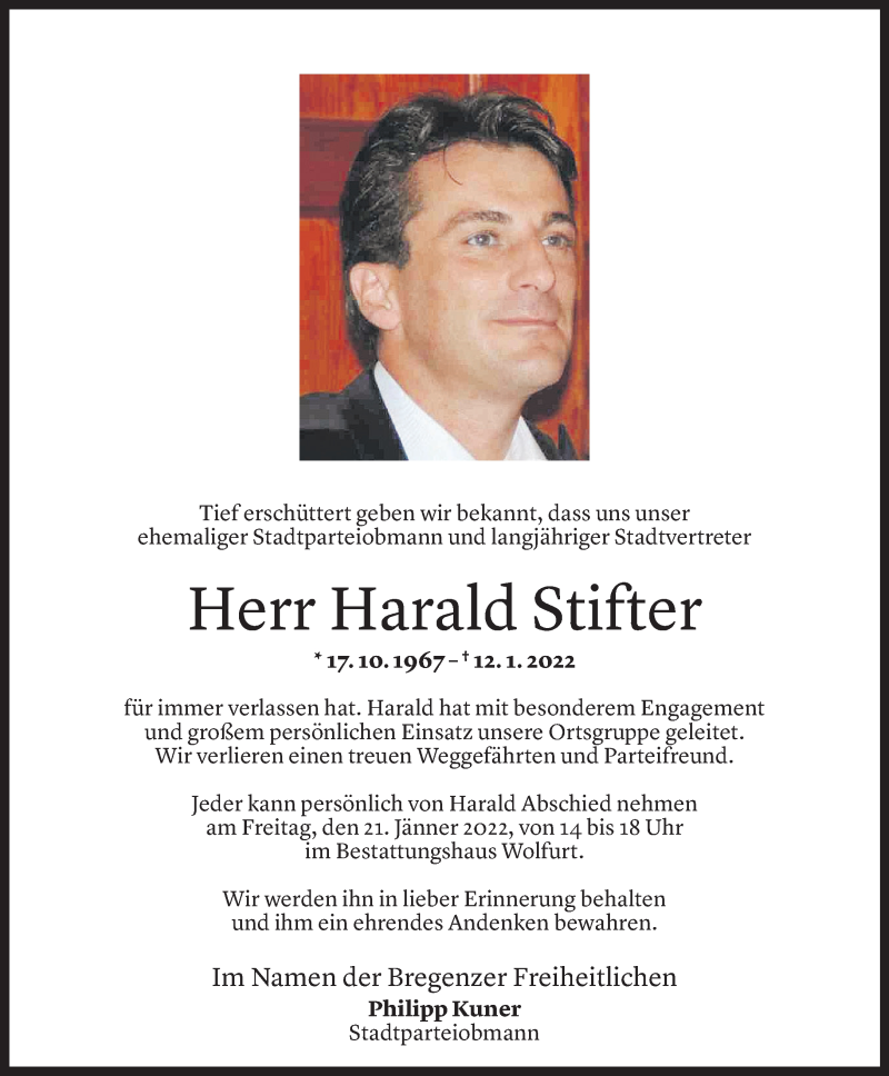  Todesanzeige für Harald Stifter vom 19.01.2022 aus Vorarlberger Nachrichten