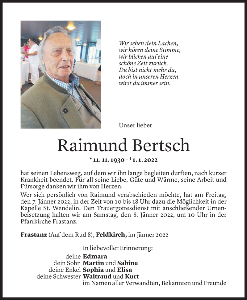  Todesanzeige für Raimund Bertsch vom 04.01.2022 aus Vorarlberger Nachrichten