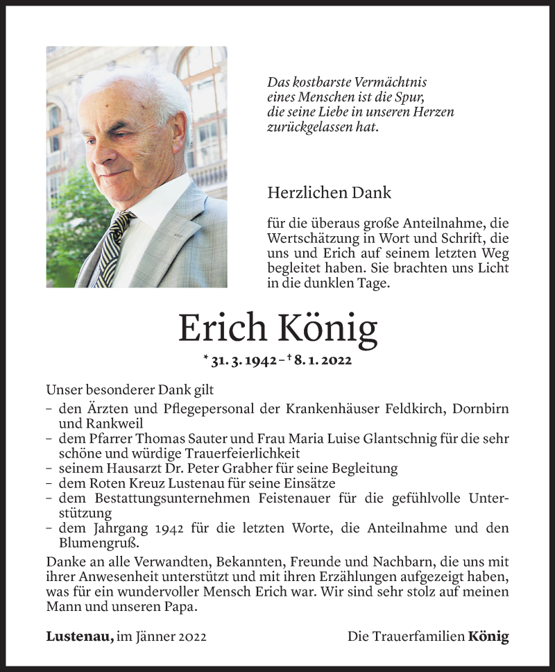  Todesanzeige für Erich König vom 21.01.2022 aus Vorarlberger Nachrichten