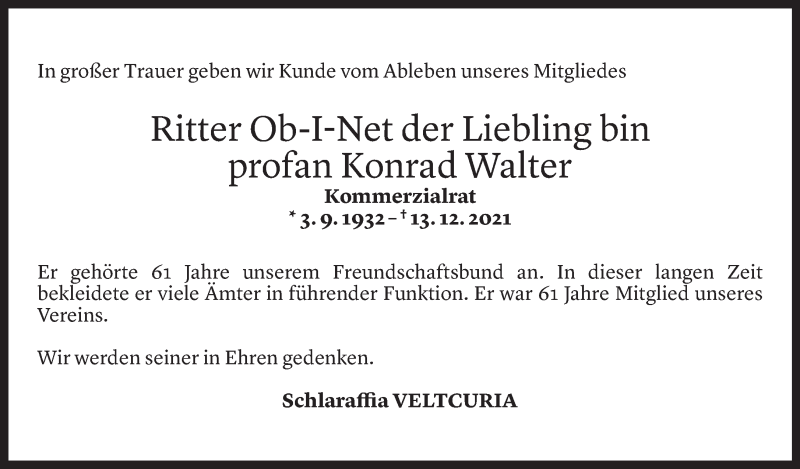  Todesanzeige für Walter Konrad vom 14.01.2022 aus Vorarlberger Nachrichten