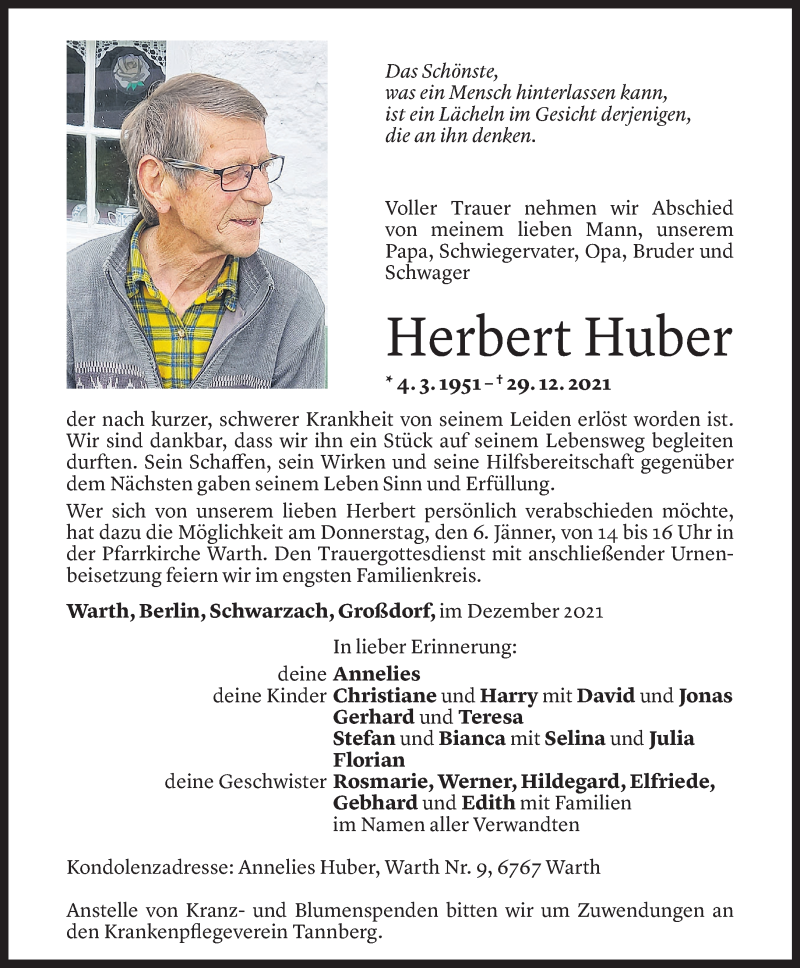  Todesanzeige für Herbert Huber vom 04.01.2022 aus Vorarlberger Nachrichten