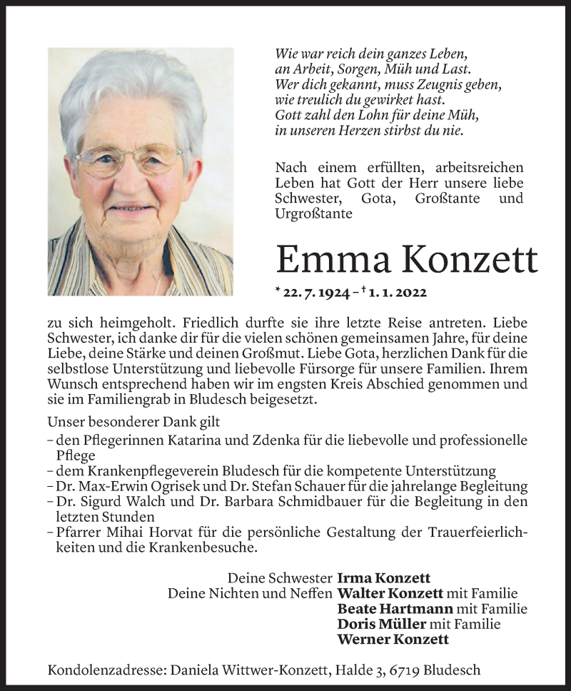  Todesanzeige für Emma Konzett vom 10.01.2022 aus Vorarlberger Nachrichten