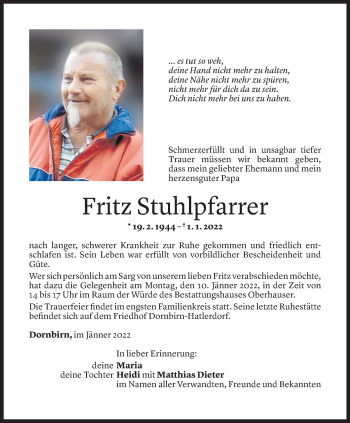 Todesanzeige von Fritz Stuhlpfarrer von Vorarlberger Nachrichten