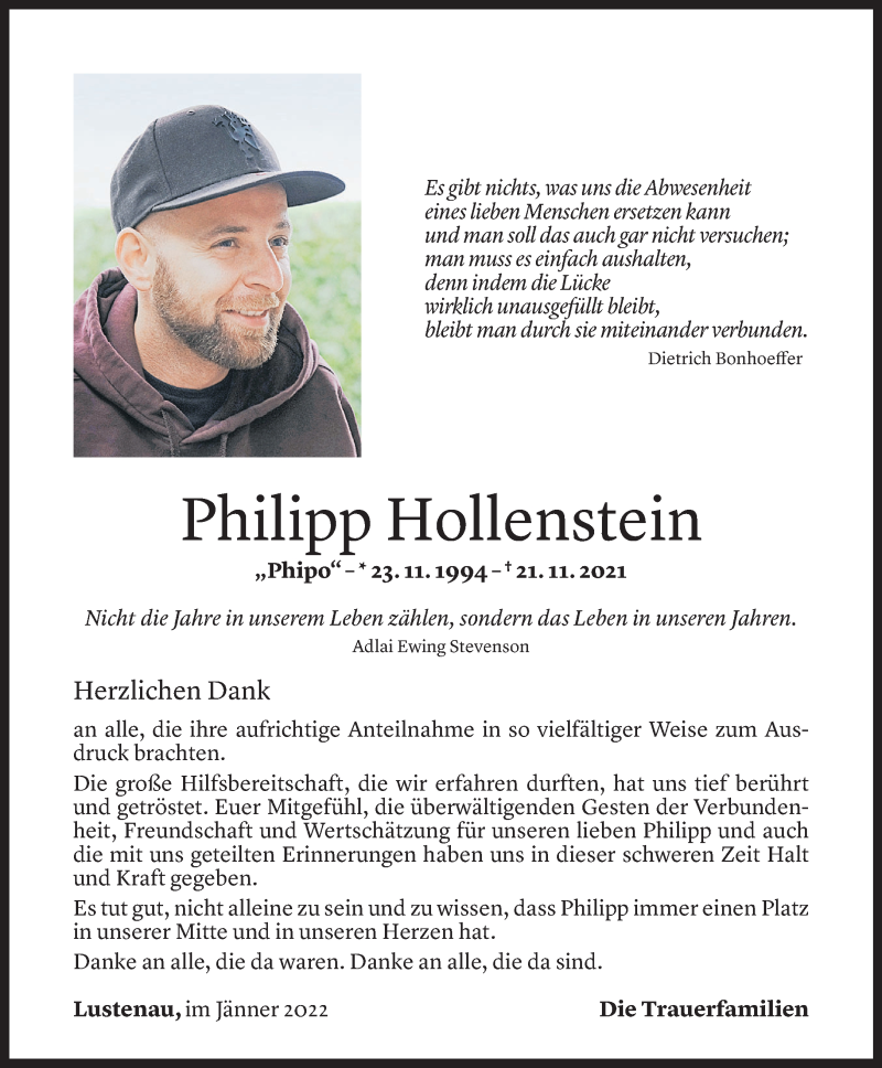  Todesanzeige für Philipp Hollenstein vom 28.01.2022 aus Vorarlberger Nachrichten