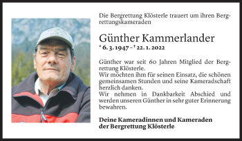 Todesanzeige von Günther Kammerlander von Vorarlberger Nachrichten