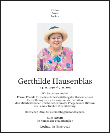 Todesanzeige von Gerthilde Hausenblas von Vorarlberger Nachrichten