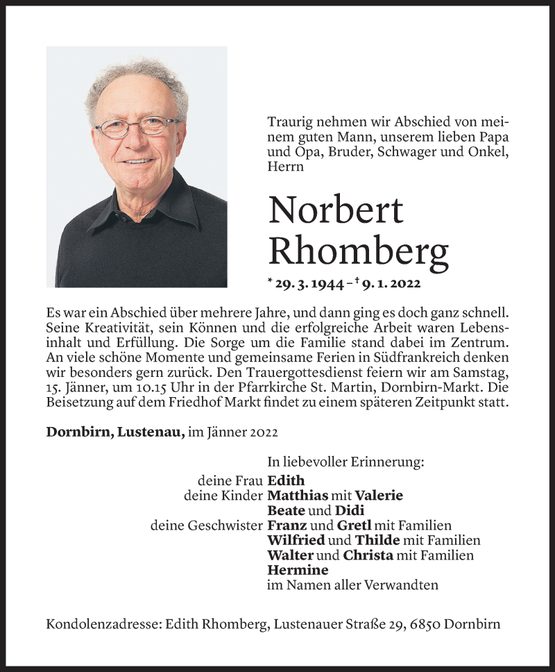  Todesanzeige für Norbert Rhomberg vom 11.01.2022 aus Vorarlberger Nachrichten