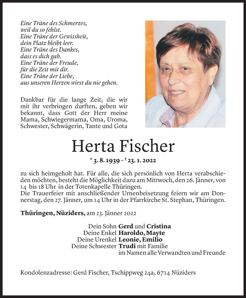  Todesanzeige für Herta Fischer vom 24.01.2022 aus Vorarlberger Nachrichten