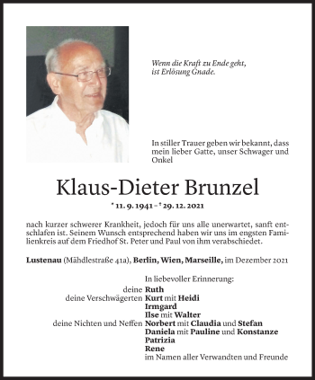 Todesanzeige von Klaus-Dieter Brunzel von Vorarlberger Nachrichten