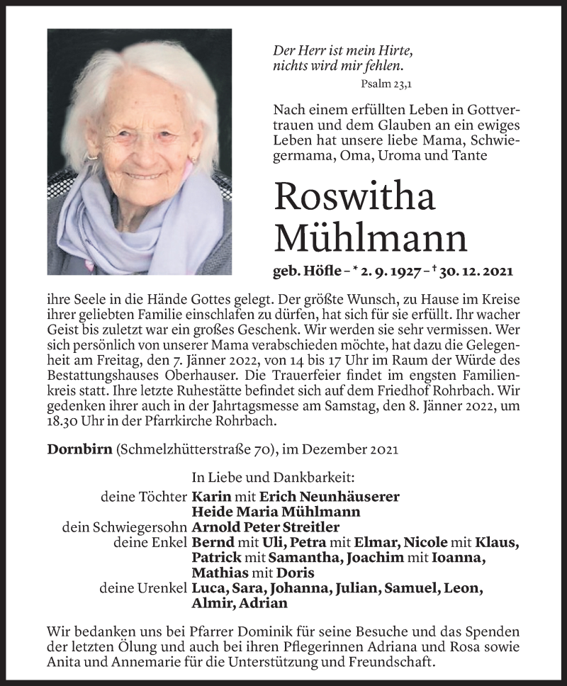  Todesanzeige für Roswitha Mühlmann vom 04.01.2022 aus Vorarlberger Nachrichten