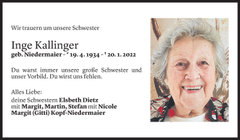 Todesanzeige von Inge Kallinger von Vorarlberger Nachrichten