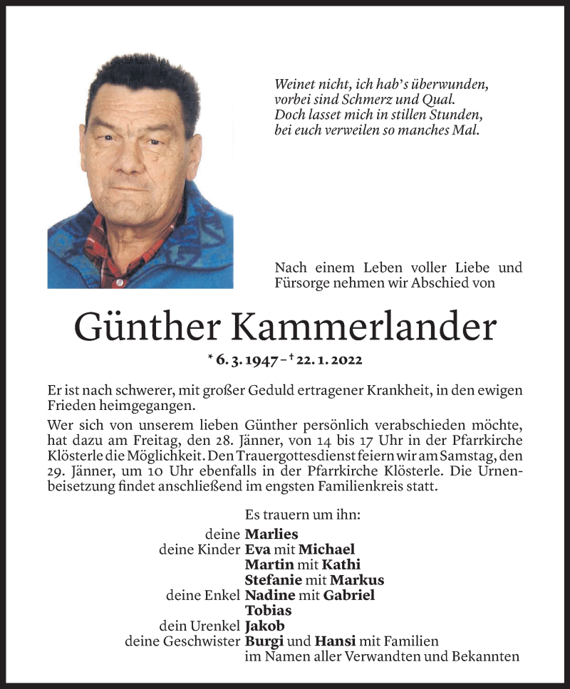  Todesanzeige für Günther Kammerlander vom 26.01.2022 aus Vorarlberger Nachrichten