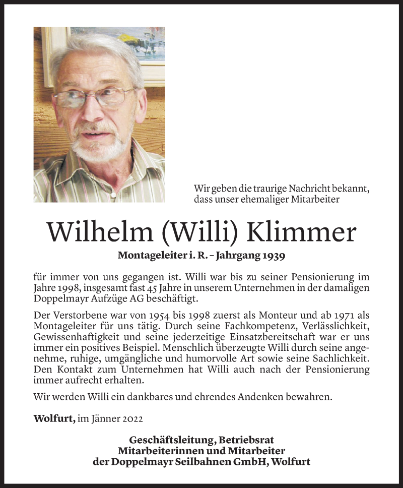  Todesanzeige für Willi Klimmer vom 10.01.2022 aus Vorarlberger Nachrichten
