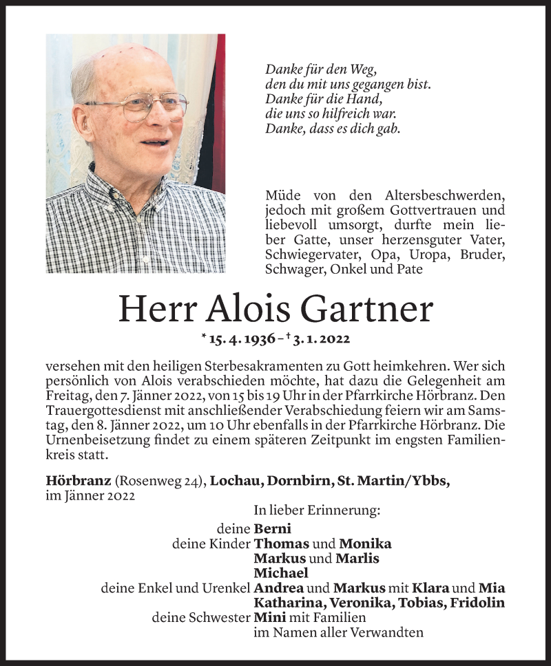  Todesanzeige für Alois Gartner vom 05.01.2022 aus Vorarlberger Nachrichten