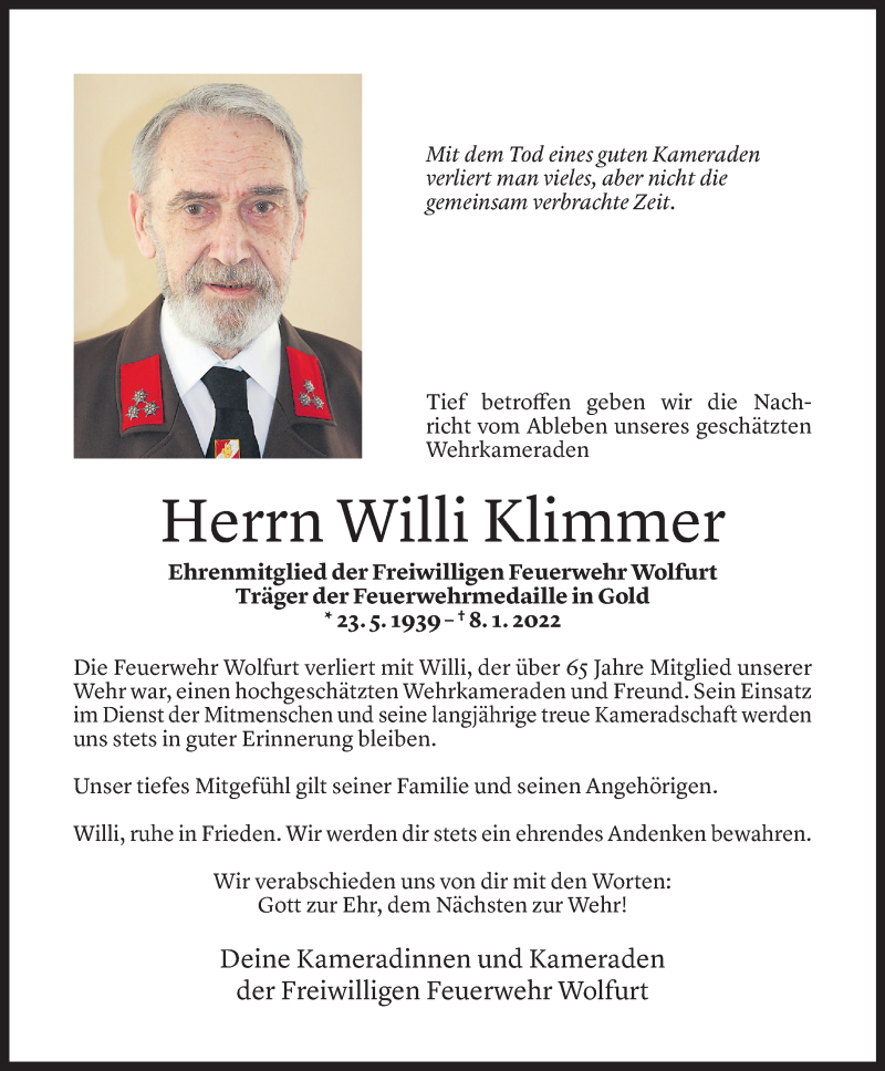  Todesanzeige für Willi Klimmer vom 10.01.2022 aus Vorarlberger Nachrichten