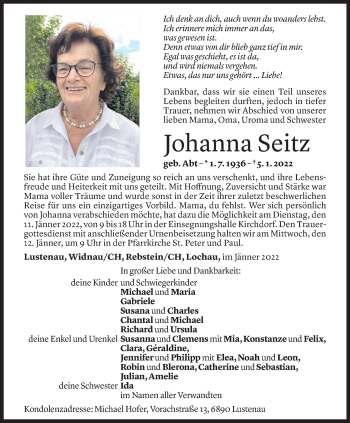 Todesanzeige von Johanna Seitz von Vorarlberger Nachrichten