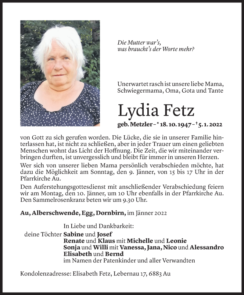  Todesanzeige für Lydia Fetz vom 07.01.2022 aus Vorarlberger Nachrichten