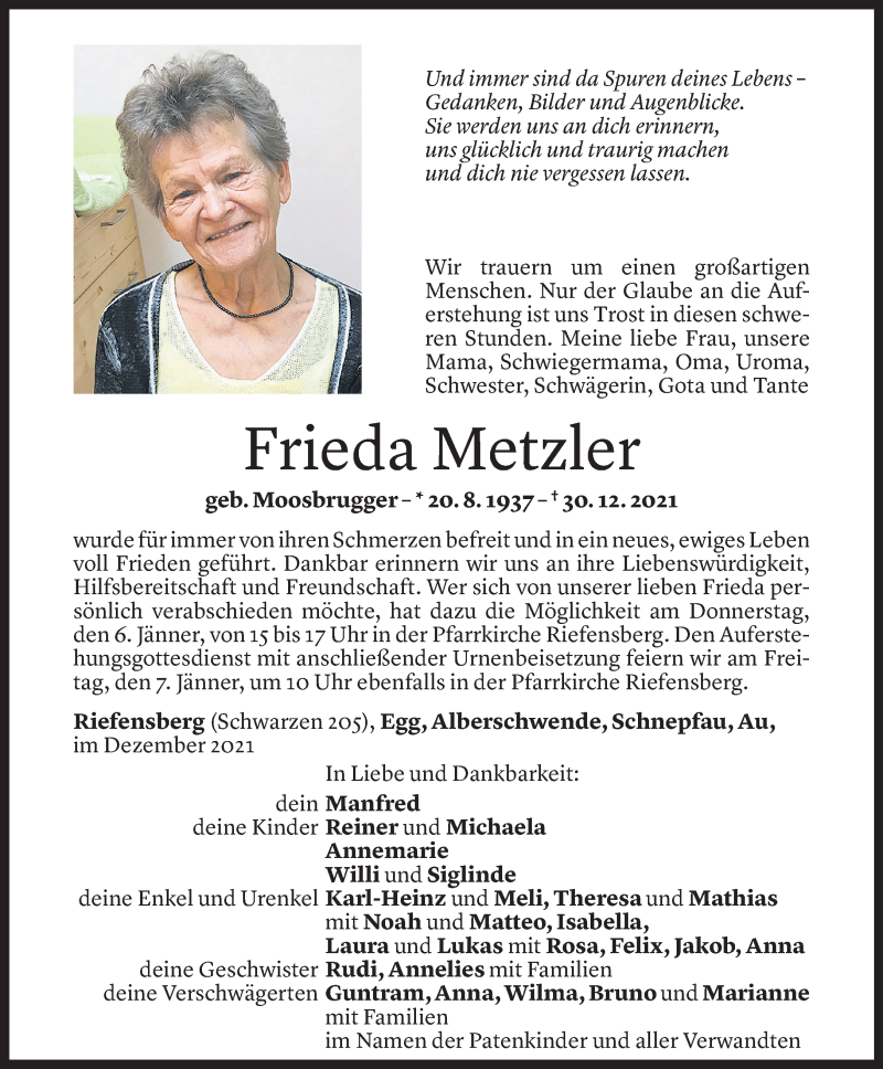  Todesanzeige für Frieda Metzler vom 03.01.2022 aus Vorarlberger Nachrichten