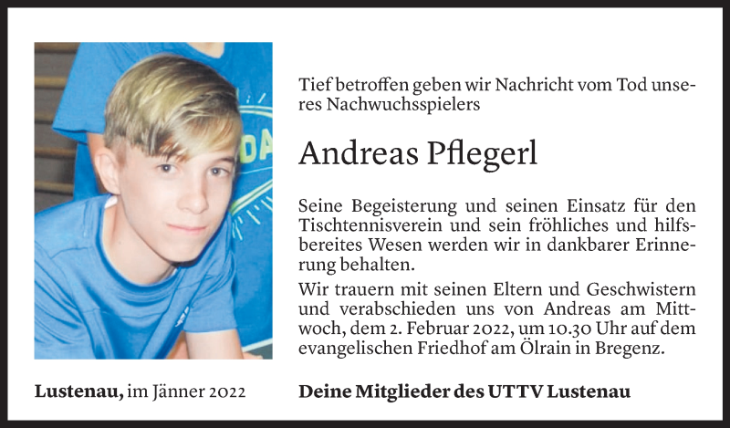  Todesanzeige für Andreas Pflegerl vom 28.01.2022 aus Vorarlberger Nachrichten