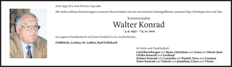  Todesanzeige für Walter Konrad vom 14.01.2022 aus Vorarlberger Nachrichten