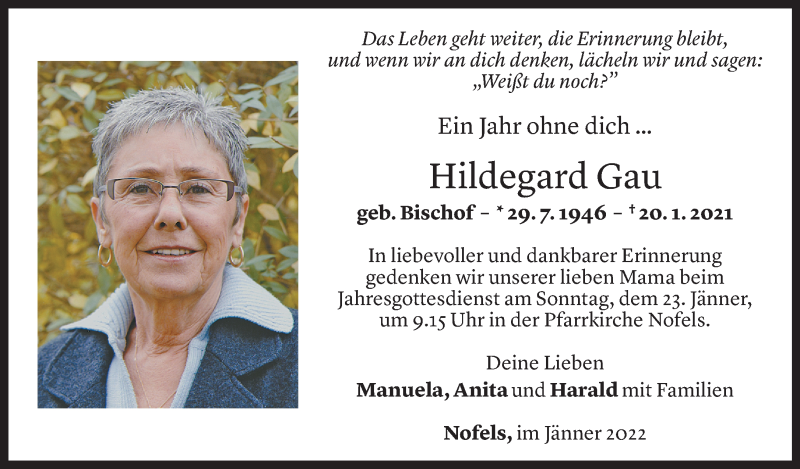  Todesanzeige für Hildegard Gau vom 20.01.2022 aus Vorarlberger Nachrichten