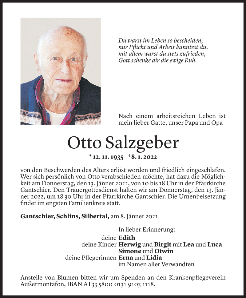  Todesanzeige für Otto Salzgeber vom 10.01.2022 aus Vorarlberger Nachrichten