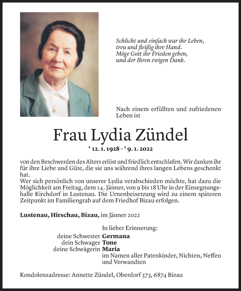  Todesanzeige für Lydia Zündel vom 12.01.2022 aus Vorarlberger Nachrichten