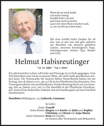 Todesanzeige von Helmut Habisreutinger von Vorarlberger Nachrichten